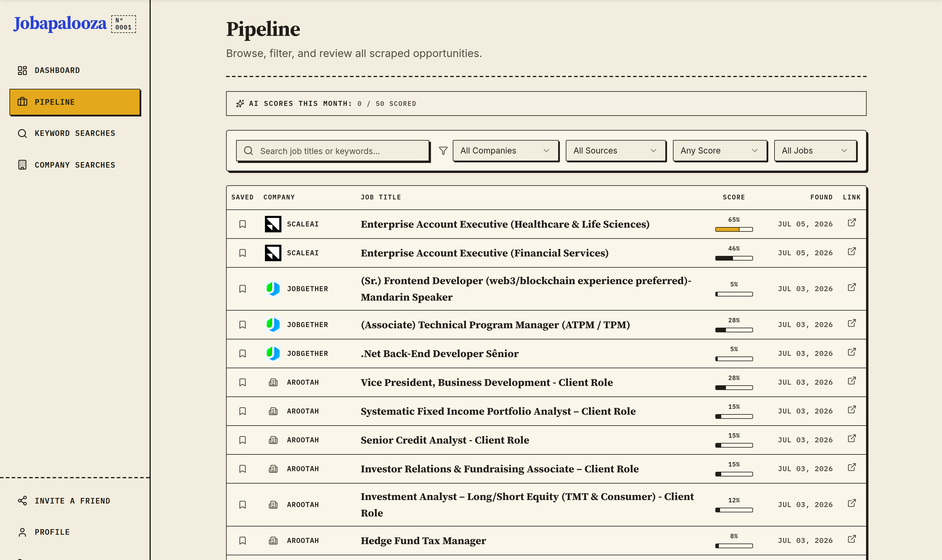 Jobapalooza pipeline showing a ranked list of job openings, each with an AI fit score against the user's resume